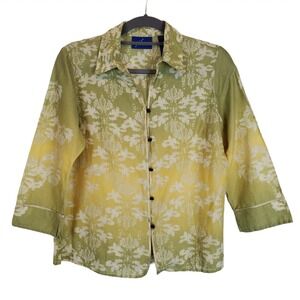 JH Collection Women's Semi-Sheer Floral Spring Green Ombre Button Down Blouse M
